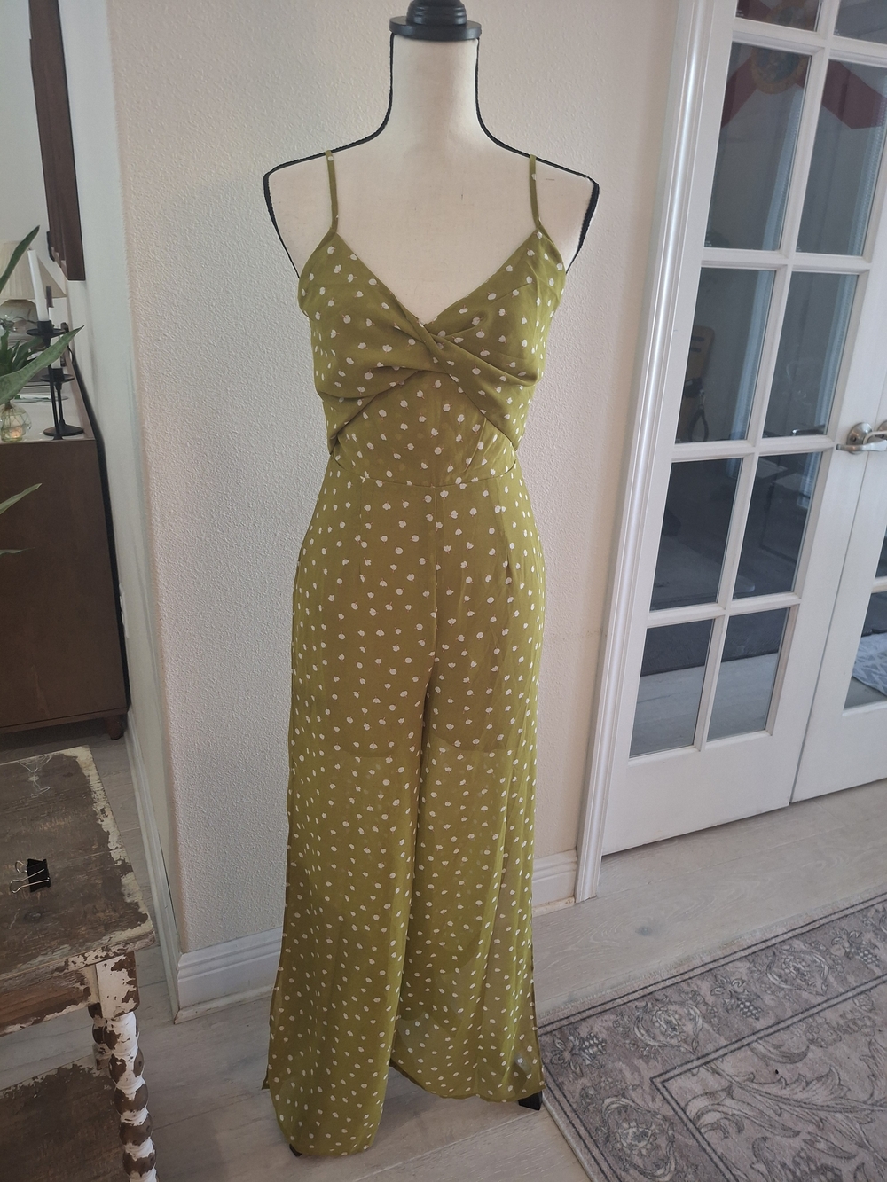 J.O.A. Olive Green Polka Dot Twist-Front Wide-Leg Jumpsuit